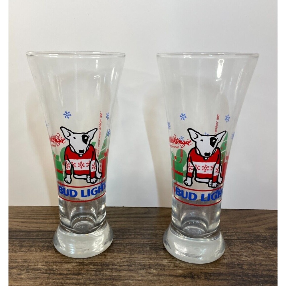 Vintage Lot of 2 Bud Light Spuds MacKenzie Christmas Beer Drinking Glass 1987